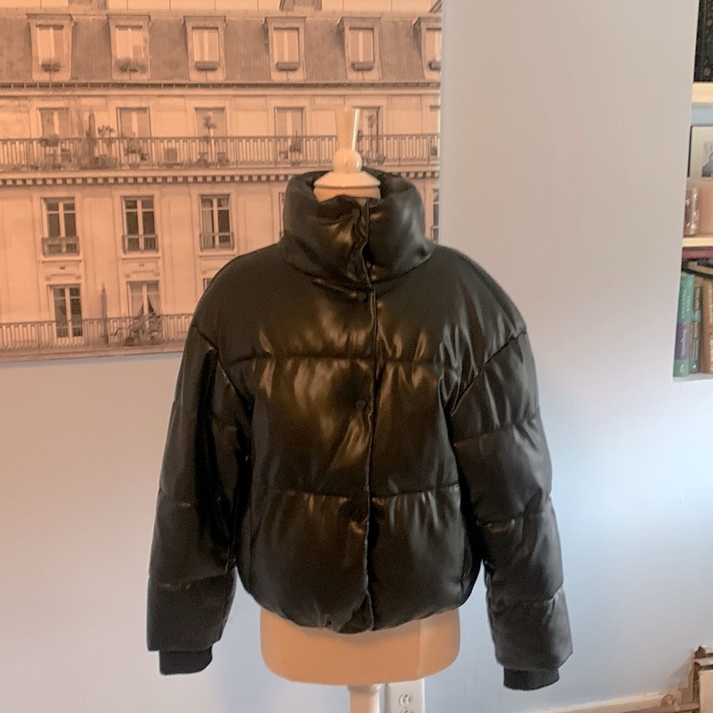 Zara black faux leather bomber jacket